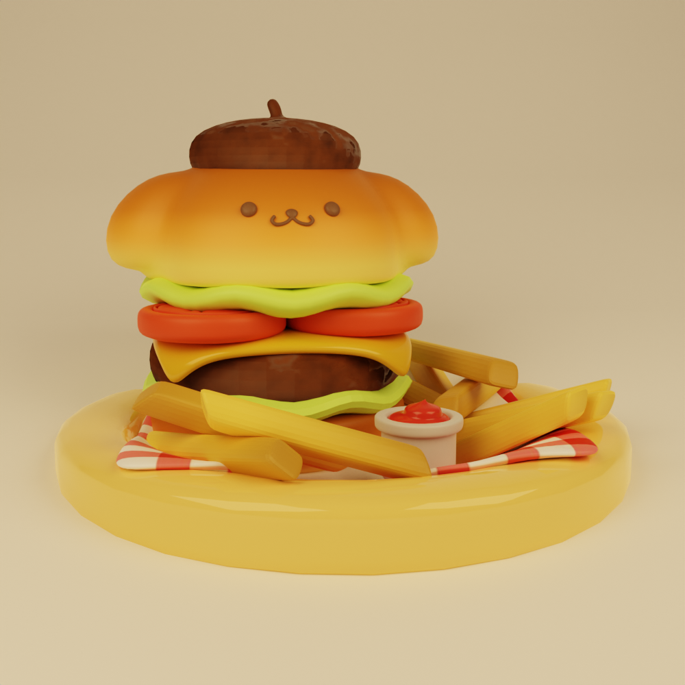 A 3D render of a patty, lettuce, tomatoes, and cheese burger with a side of fries and ketchup on a plate; modeled after the Sanrio character, Pompompurin the dog